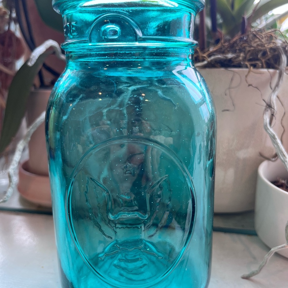 Aqua Blue Vintage Ball Embossed Glass Jar